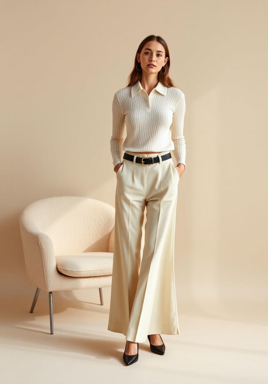 A model wearing a cream polo and wide-leg trousers, styled by OnMe